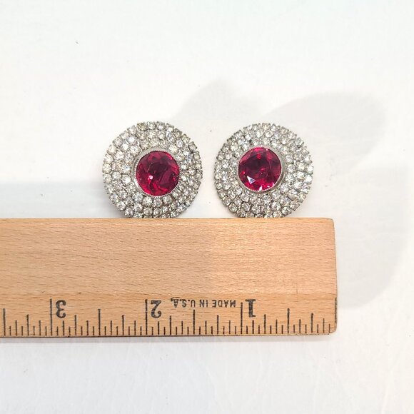 Hobé Ruby Red Rhinestone Clip Earrings Silver Tone Round Halo Art Deco Regency - Picture 7 of 9